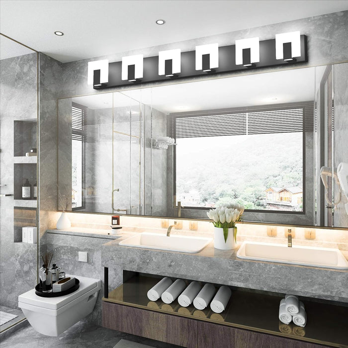 6 Lights Modern Black Vanity Light up and down Black LED Vanity Light Fixtures Bathroom Wall Light over Mirror 6000K