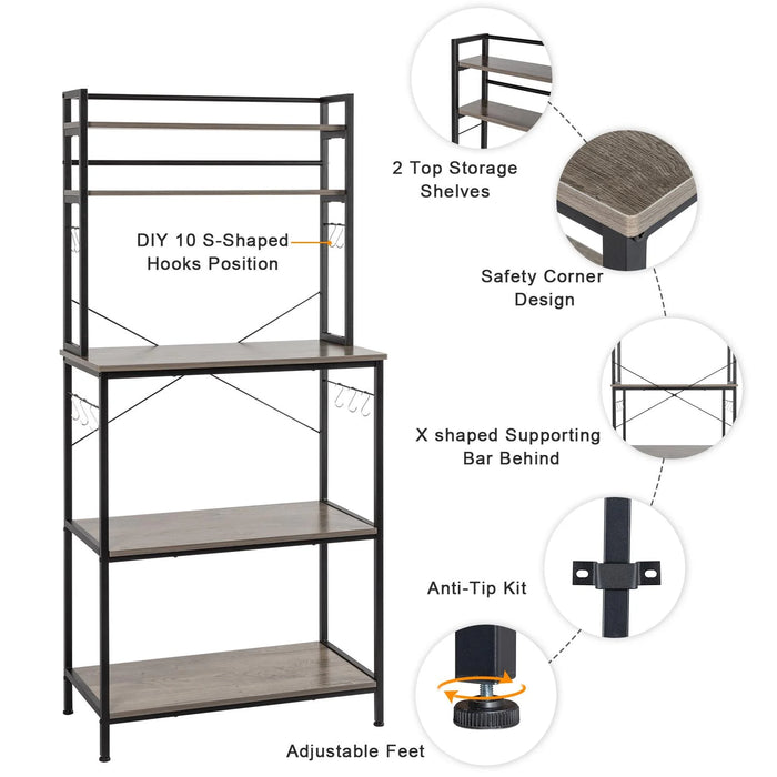 5-Tier Baker'S Rack with 10 Hooks, Industrial Microwave Oven Stand Kitchen Island Cart Storage Shelf, Wash Gray