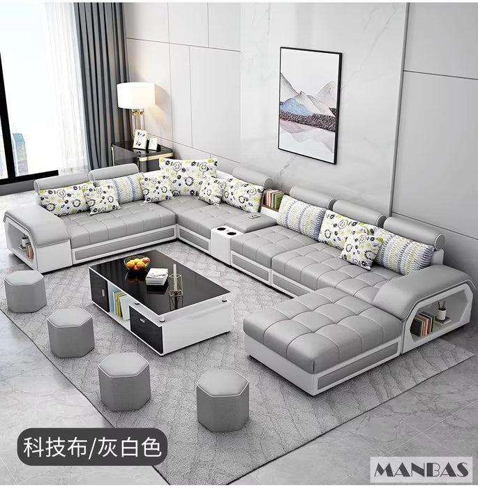 Fabric Sofa Set Furniture Living Room Sofa Set with USB and Stools / Big U Shape Cloth Couch Sofas for Home Furniture