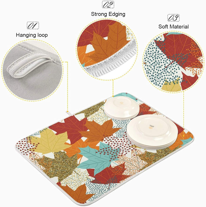 Dish Drying Mat for Kitchen Fall Maple Leaves Design 16' X 18' Absorbent/Insulation Pad