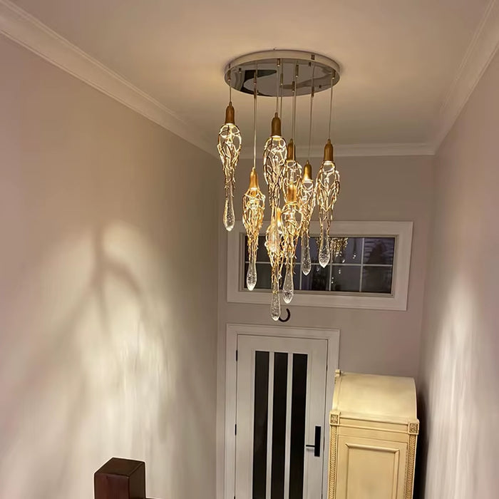 Contemporary Brass Crystal Chandelier with Copper Pendant and Elegant Glass Accents for Restaurant Illumination