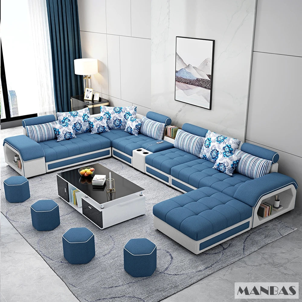 Fabric Sofa Set Furniture Living Room Sofa Set with USB and Stools / Big U Shape Cloth Couch Sofas for Home Furniture