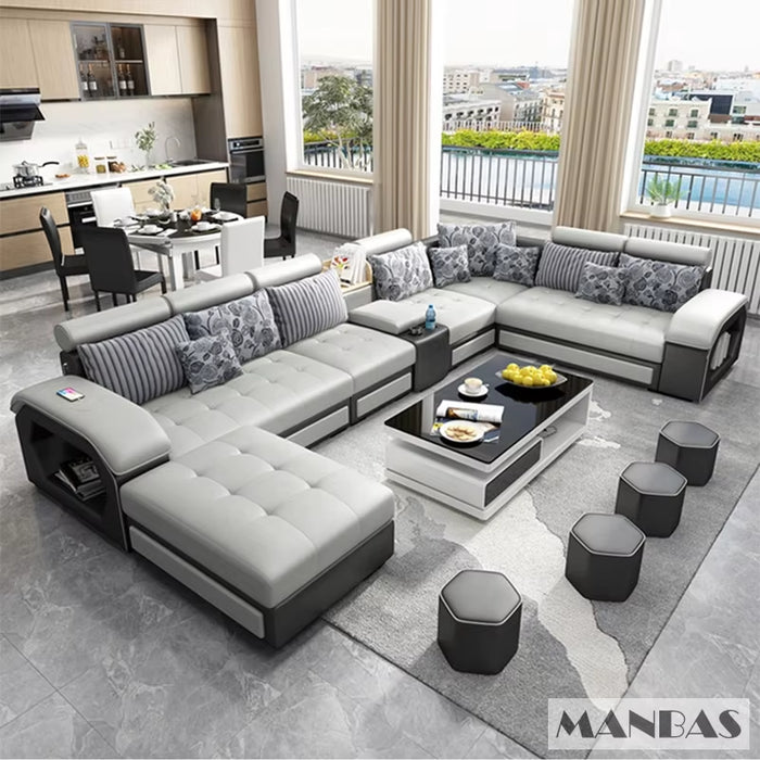 Fabric Sofa Set Furniture Living Room Sofa Set with USB and Stools / Big U Shape Cloth Couch Sofas for Home Furniture