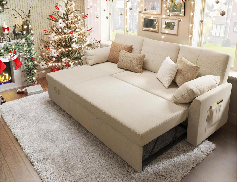 Sofa Bed, Sleeper Sofa with Storage Chaise, Pull Out Couch for Living Room, Beige Chenille