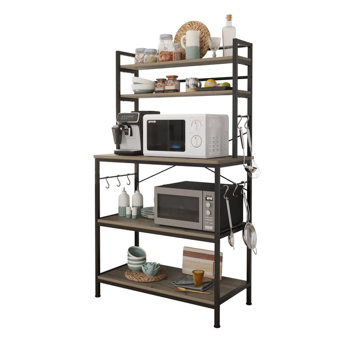 5-Tier Baker'S Rack with 10 Hooks, Industrial Microwave Oven Stand Kitchen Island Cart Storage Shelf, Wash Gray