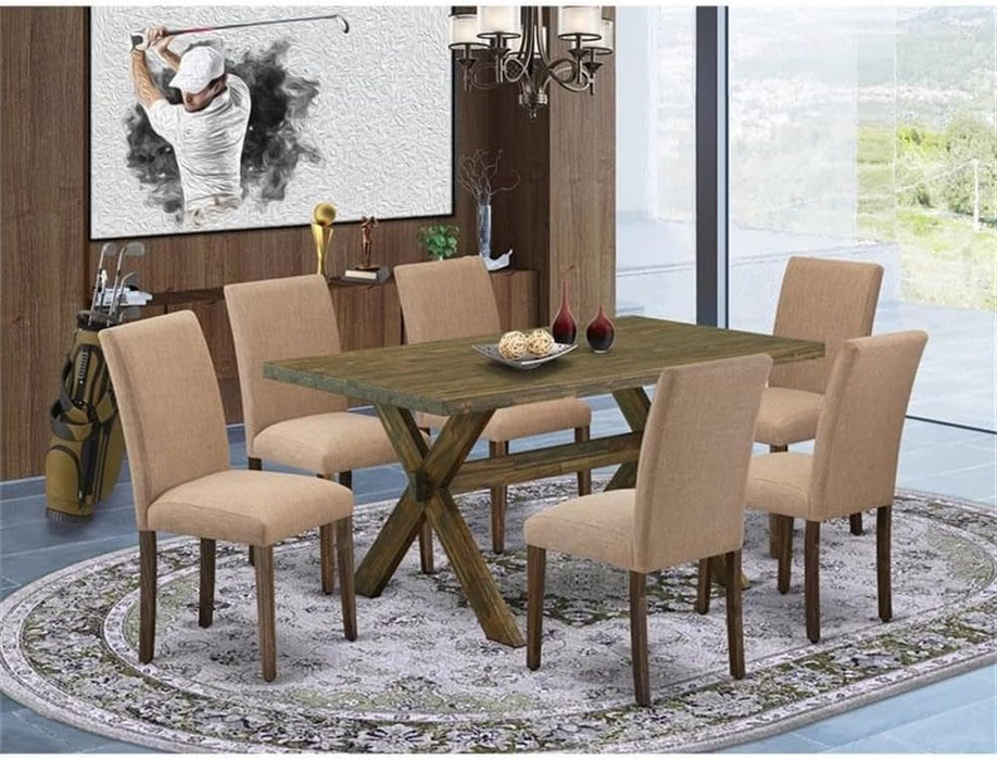 X776AB747-7 7 Piece Dinette Set Consist of a Rectangle Dining Room Table with X-Legs and 6 Light Sable Linen Fabric Upholstered Chairs, 36X60 Inch, Multi-Color