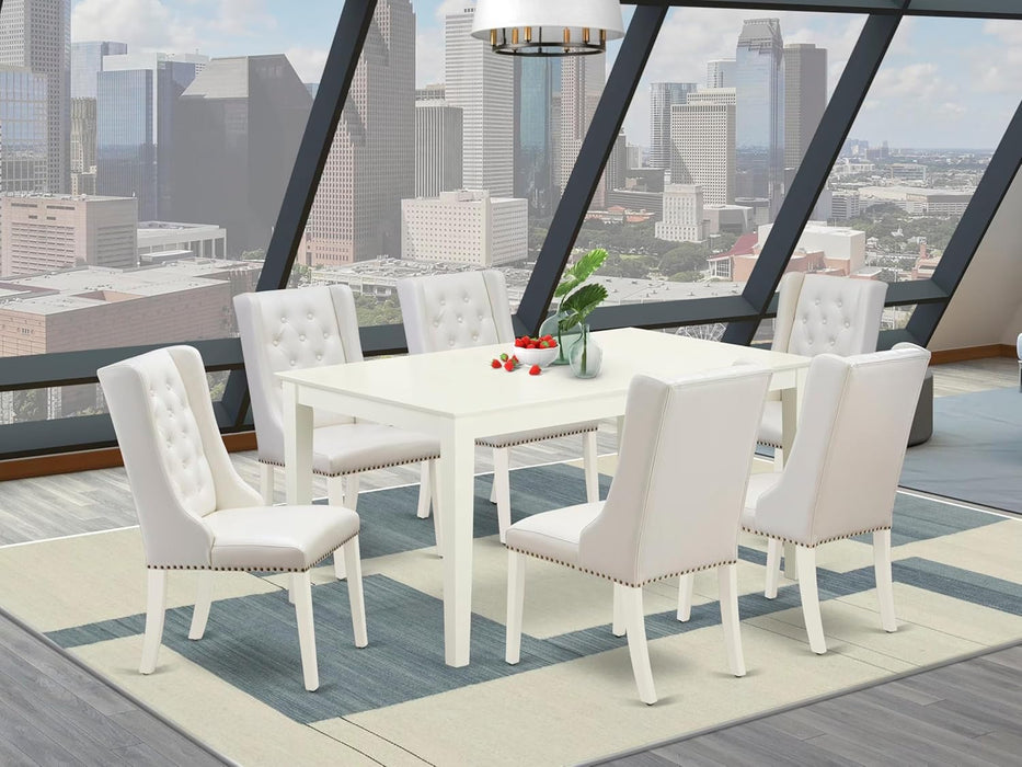 7 Piece Modern Dining Table Set Consist of a Rectangle Wooden Table and 6 Light Grey Faux Leather Upholstered Chairs, 36X60 Inch, Linen White