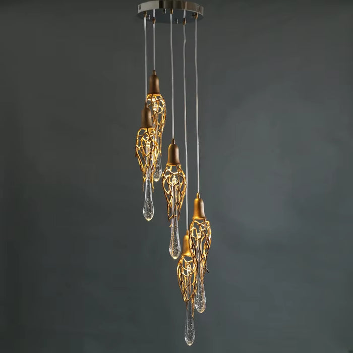 Contemporary Brass Crystal Chandelier with Copper Pendant and Elegant Glass Accents for Restaurant Illumination