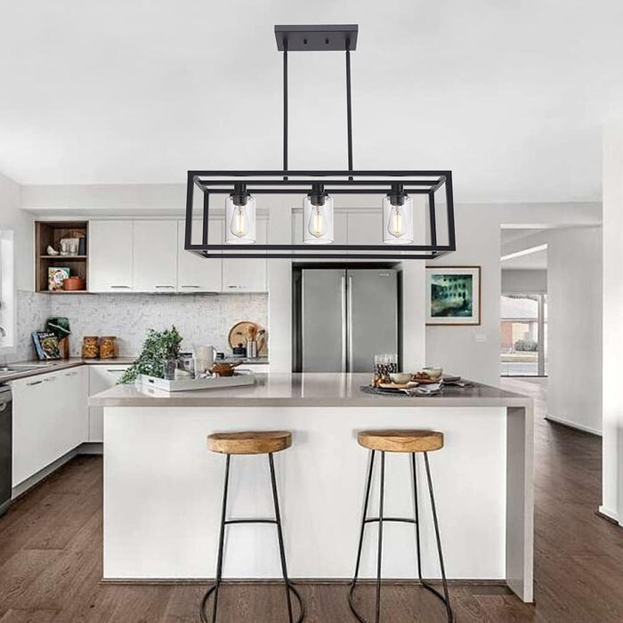 Farmhouse 3-Light Kitchen Island Chandelier with Black Pendant and Clear Glass Shade, Rectangle Hanging Lighting Fixture for Dining Room