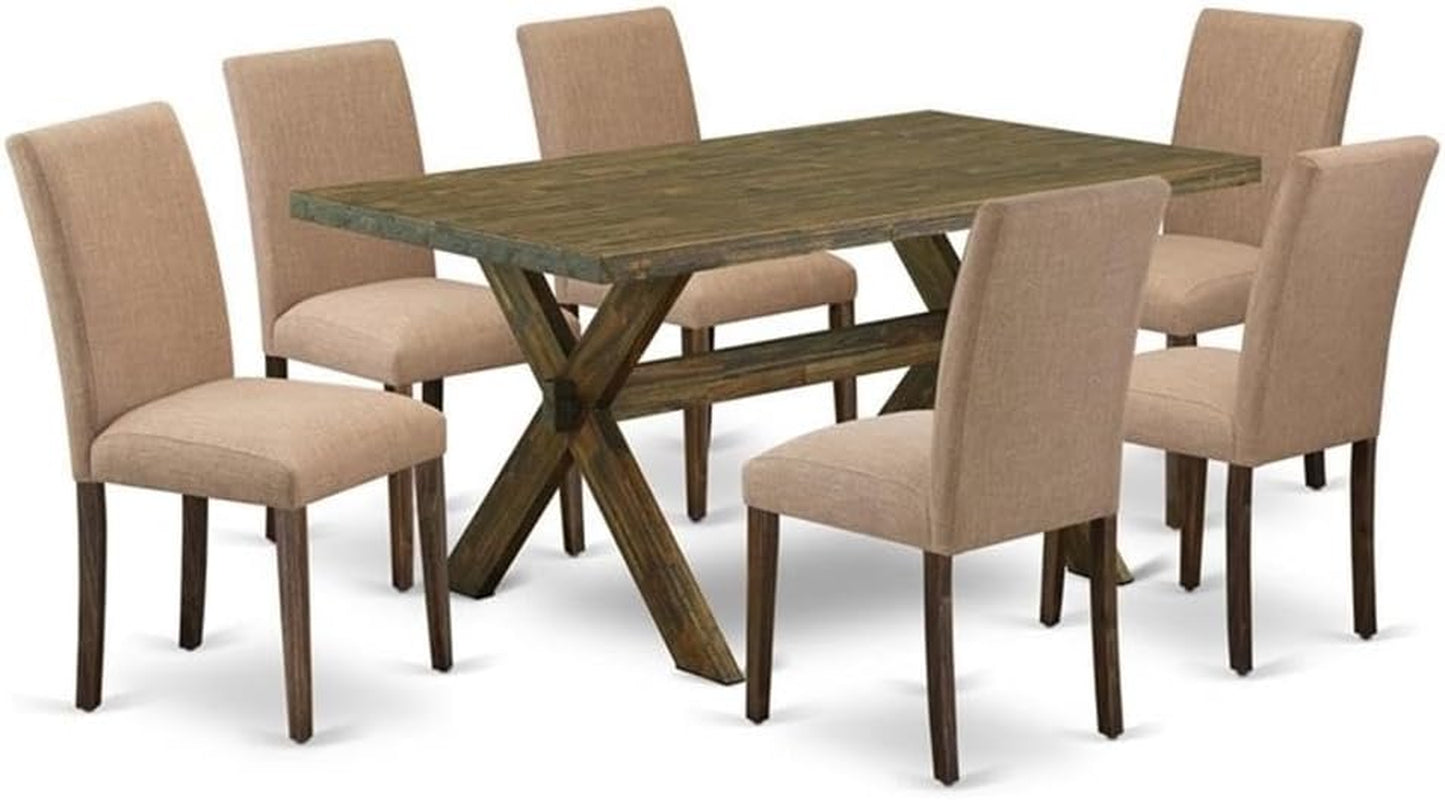 X776AB747-7 7 Piece Dinette Set Consist of a Rectangle Dining Room Table with X-Legs and 6 Light Sable Linen Fabric Upholstered Chairs, 36X60 Inch, Multi-Color