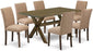 X776AB747-7 7 Piece Dinette Set Consist of a Rectangle Dining Room Table with X-Legs and 6 Light Sable Linen Fabric Upholstered Chairs, 36X60 Inch, Multi-Color