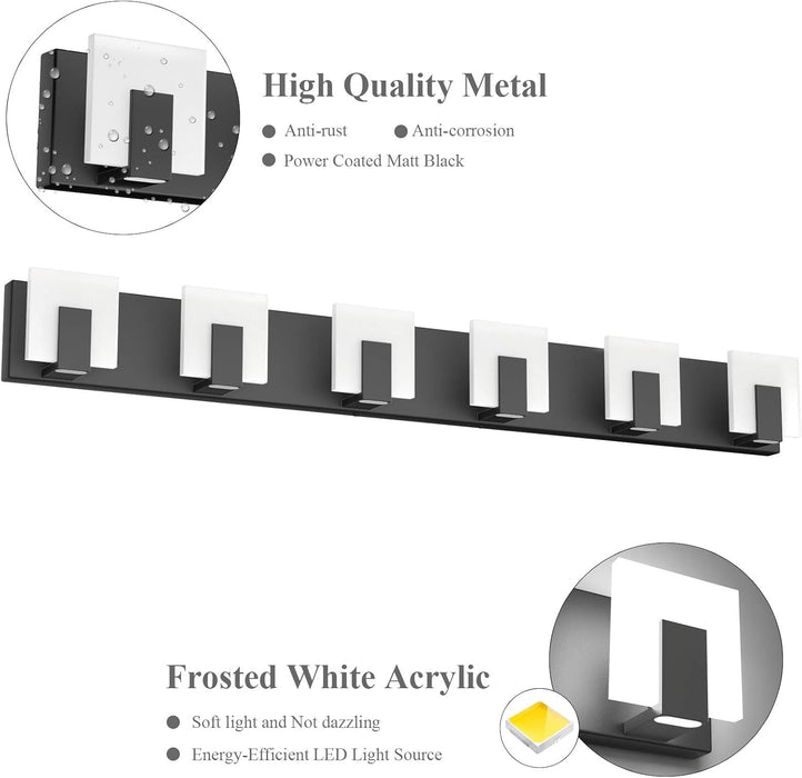 6 Lights Modern Black Vanity Light up and down Black LED Vanity Light Fixtures Bathroom Wall Light over Mirror 6000K