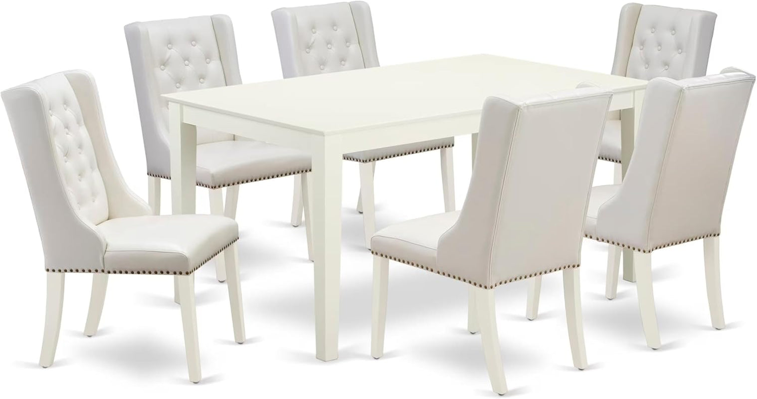 7 Piece Modern Dining Table Set Consist of a Rectangle Wooden Table and 6 Light Grey Faux Leather Upholstered Chairs, 36X60 Inch, Linen White