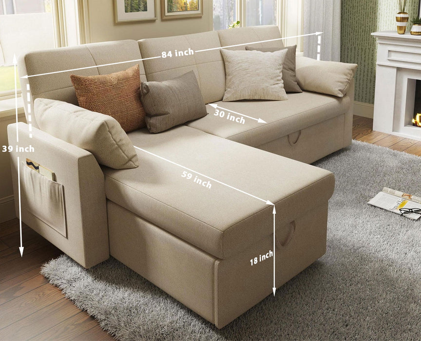 Sofa Bed, Sleeper Sofa with Storage Chaise, Pull Out Couch for Living Room, Beige Chenille
