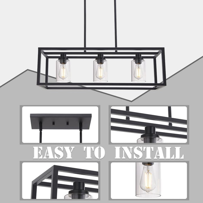 Farmhouse 3-Light Kitchen Island Chandelier with Black Pendant and Clear Glass Shade, Rectangle Hanging Lighting Fixture for Dining Room