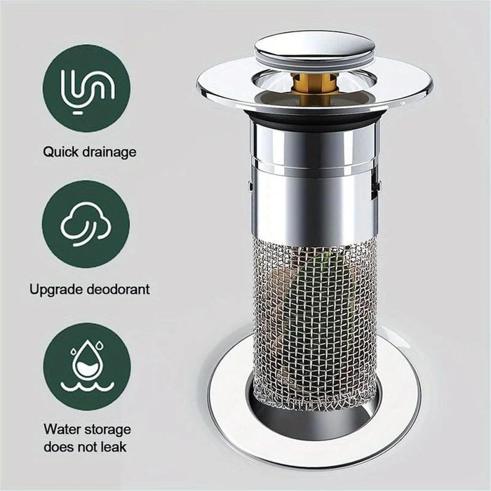 2PC Bathroom Sink Stopper,Bathroom Sink Drain Strainer , Pop up Stainless Steel Floor Drain Filter with Basket Hair Catcher, Quickly Drain Water