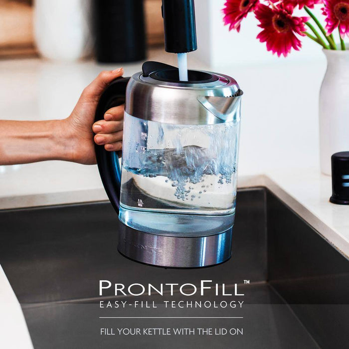 7-Cup 1.7 L Silver Glass Electric Kettle with Prontofill Technology-Fill up with Lid On