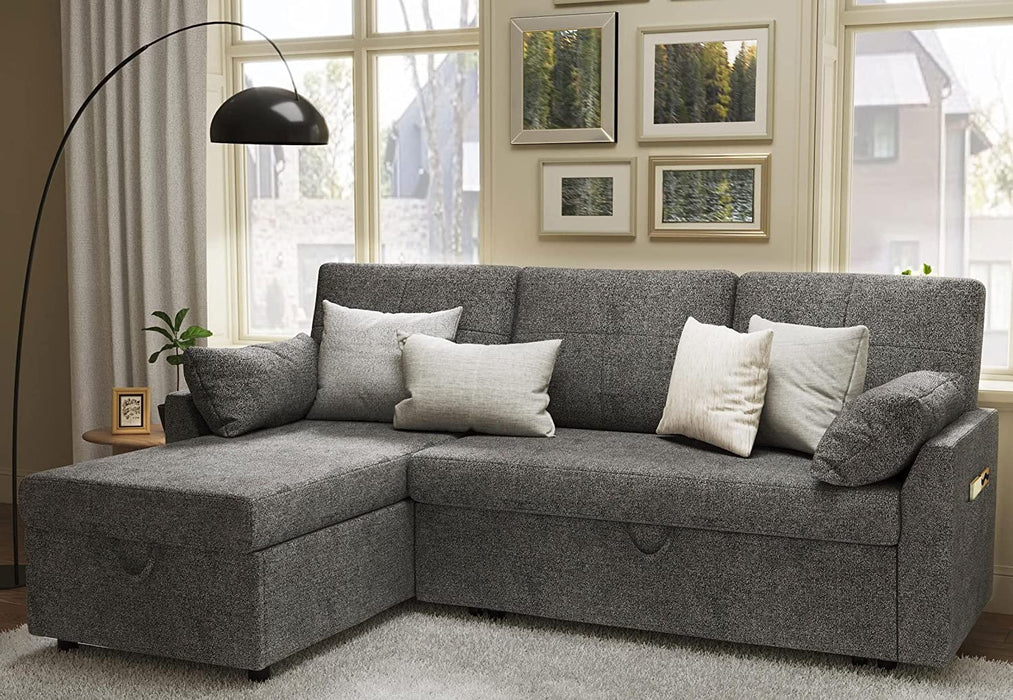 Sofa Bed, Sleeper Sofa with Storage Chaise-2 in 1 Pull Out Couch Bed for Living Room, Sectional Couch with Pull Out Bed Gray