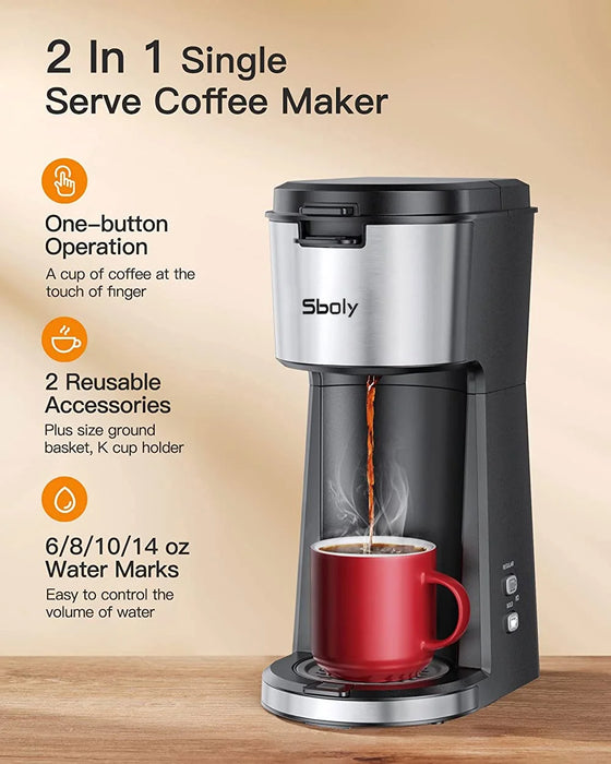 Single Serve Coffee Maker for K Cup & Ground Coffee, Coffee Maker with Bold Brew, 6 to 14 Oz Fits Travel Mug, Classic Black