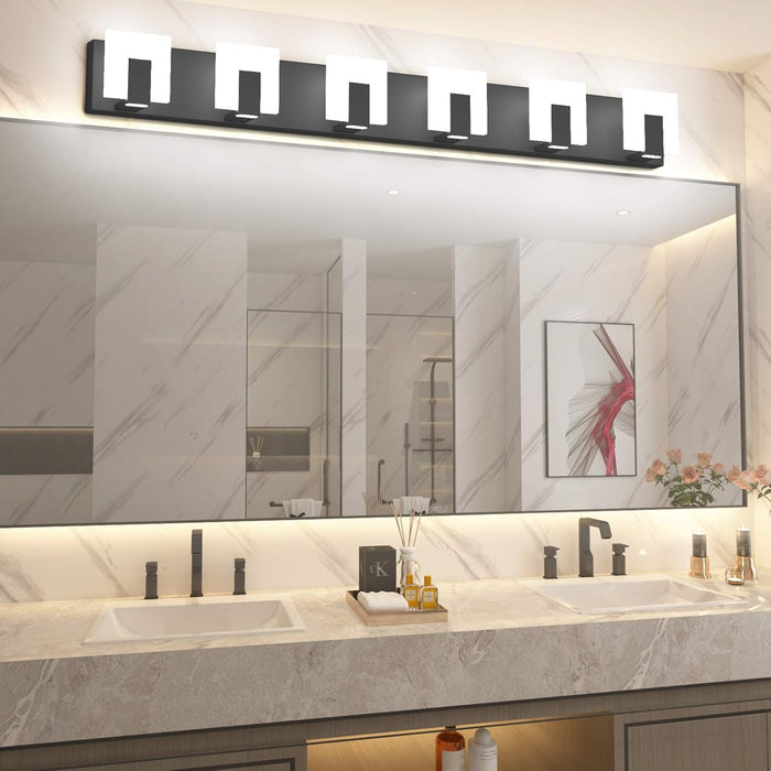 6 Lights Modern Black Vanity Light up and down Black LED Vanity Light Fixtures Bathroom Wall Light over Mirror 6000K