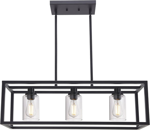 Farmhouse 3-Light Kitchen Island Chandelier with Black Pendant and Clear Glass Shade, Rectangle Hanging Lighting Fixture for Dining Room