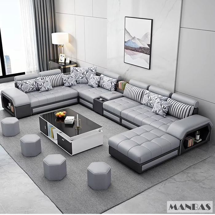 Fabric Sofa Set Furniture Living Room Sofa Set with USB and Stools / Big U Shape Cloth Couch Sofas for Home Furniture